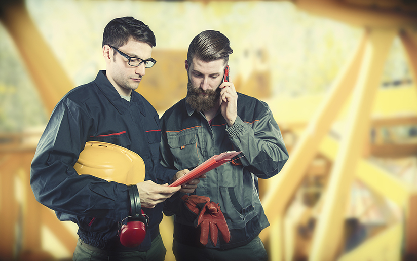 Two construction workers looking at clipboard