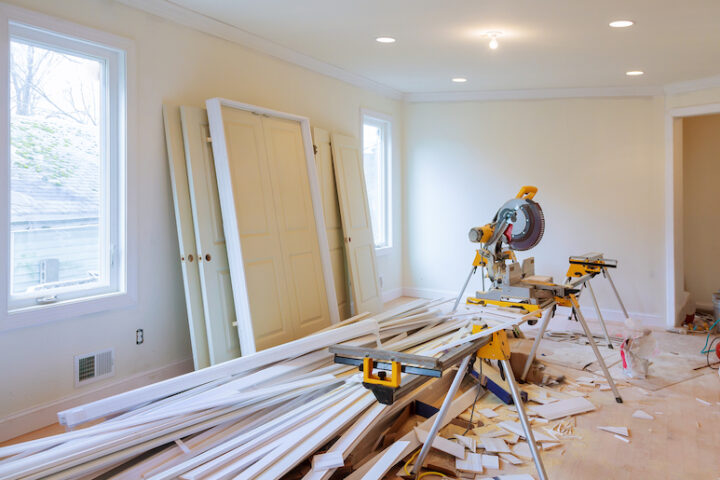 Room under construction with materials and power tools