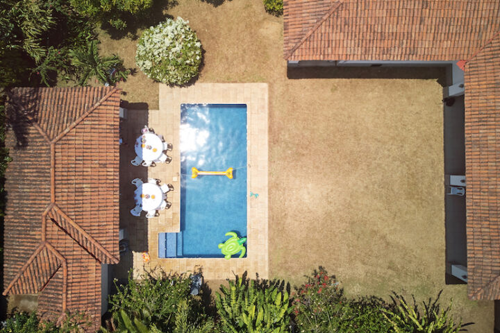 Arial view of a backyard and pool