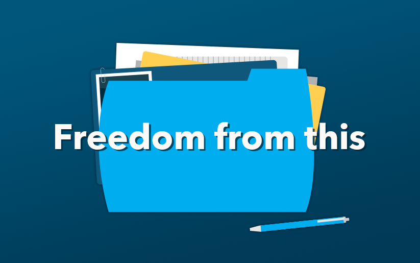 "Freedom from this" with graphic folder with documents