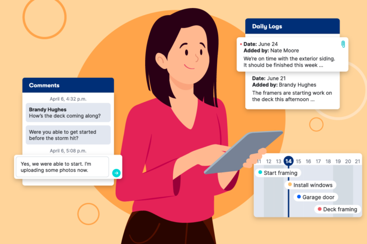 A graphic of a woman controlling her construction scope of work using her tablet with pop ups of digital tools around her, including features like daily logs, comments and scheduling.