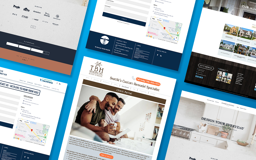 Close up of multiple website home page screenshots.