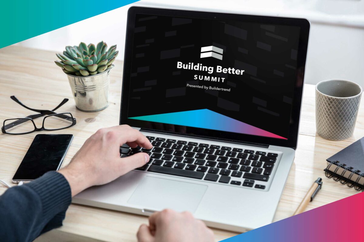 Closeup of a laptop on a desk with "Building Better Summit Presented by Buildertrend"