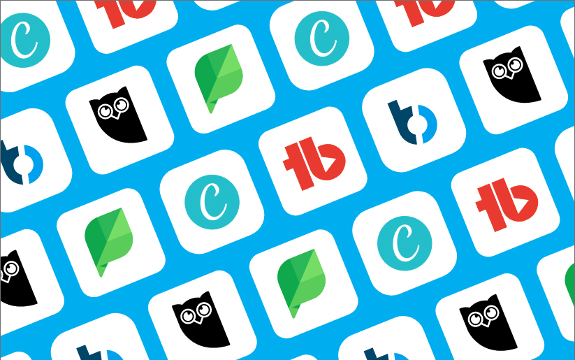 Multiple icons against a blue background.