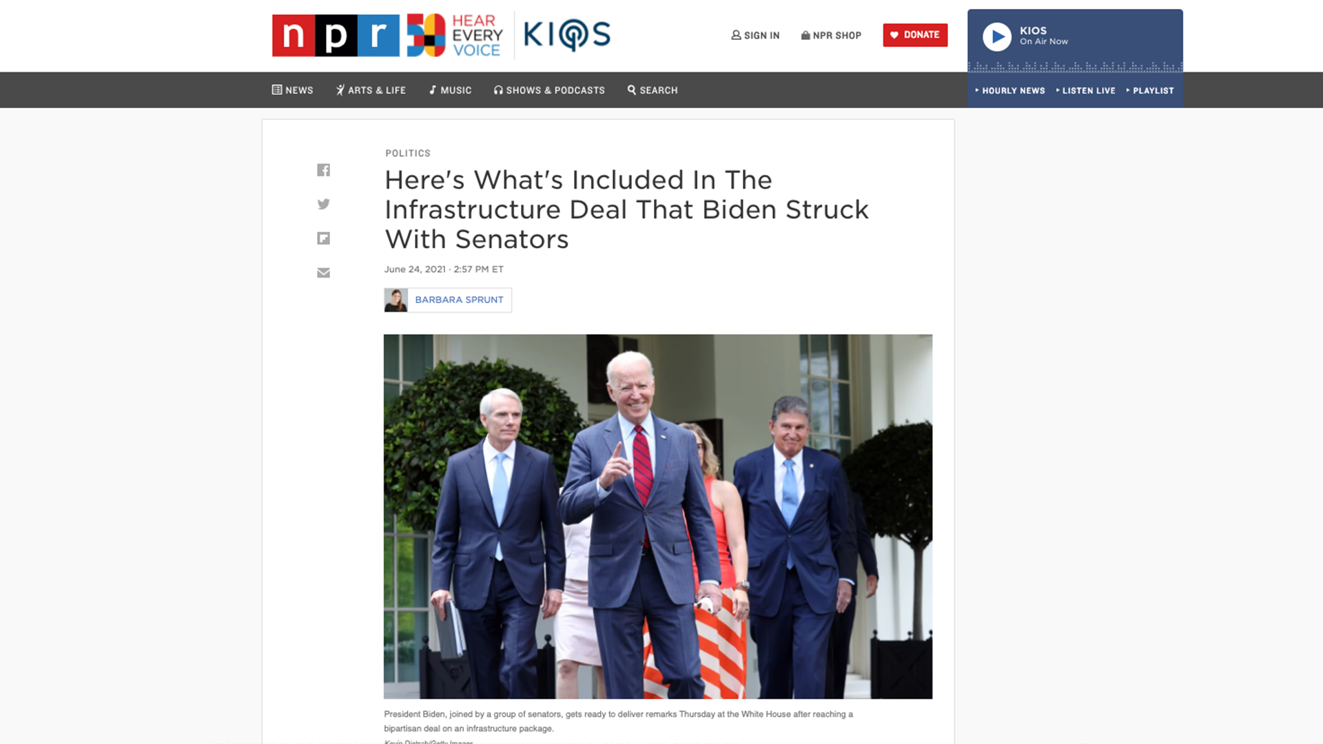 Screenshot of an online article "Here's What's Included In The Infrastructure Deal That Biden Struck With Senators"
