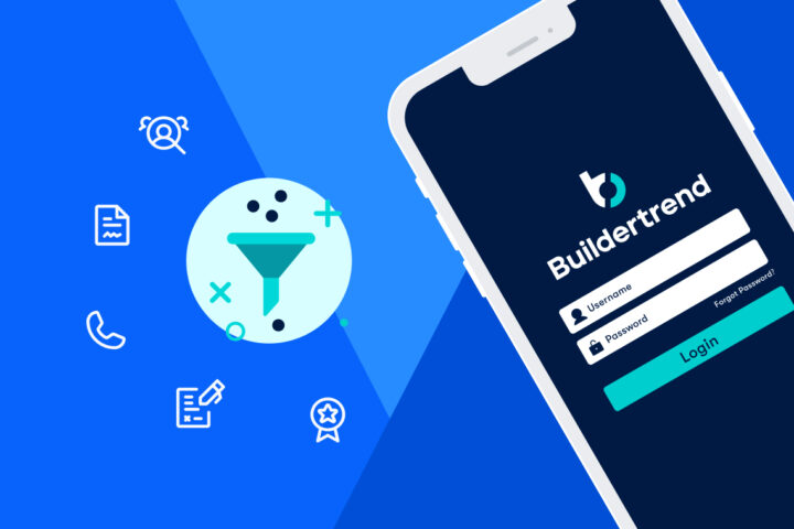 A graphic showing Buildertrend construction software's login page with symbols of a sales lead funnel surrounding it.