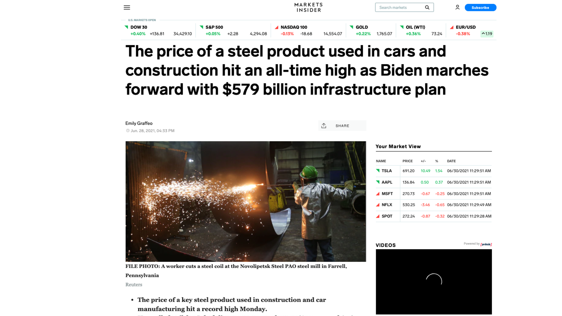 Screenshot of a news article referencing the increase in price of steel