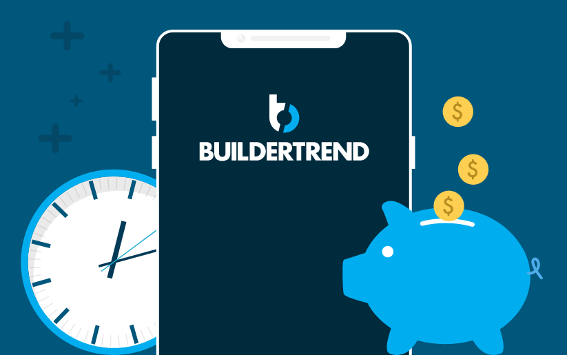 Clock, phone with the Buildertrend app and piggy bank graphic