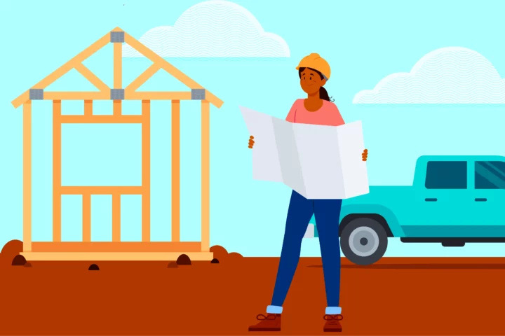 Graphic showing a female construction worker looking at a blueprint on the job site.