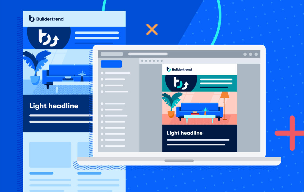 Graphic of laptop with email template on screen.