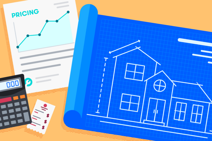 Graphic of a home blueprint next to a calculator and construction pricing sheet.