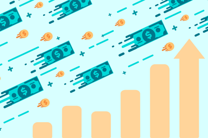 Money flying by over a chart of arrows for a blog focused on helping builders grow their construction companies.