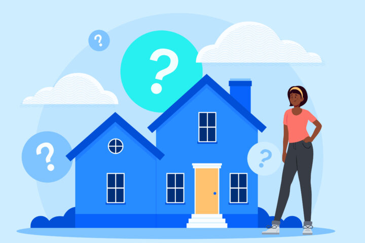 An illustrated image of a woman standing in front of a house.