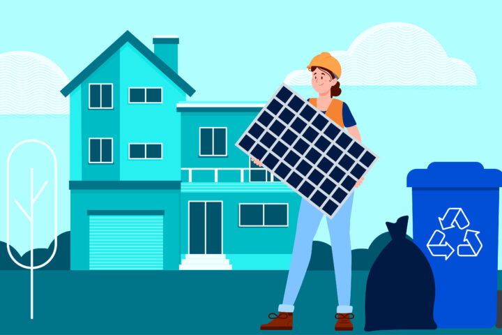 Illustrated woman holding a solar panel in front of a home.