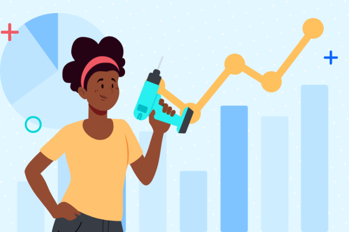 Woman holding power drill with background of a bar graph, pie chart and line graph