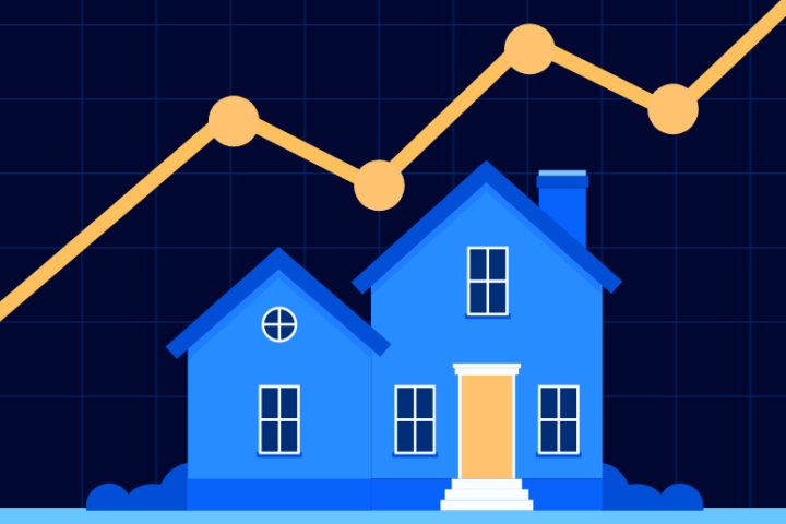 Graphic of a blue house and a line chart graph in the background showing rising prices