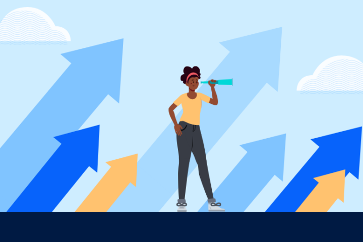 Graphic of a woman holding her phone with a background of arrows pointing upwards.