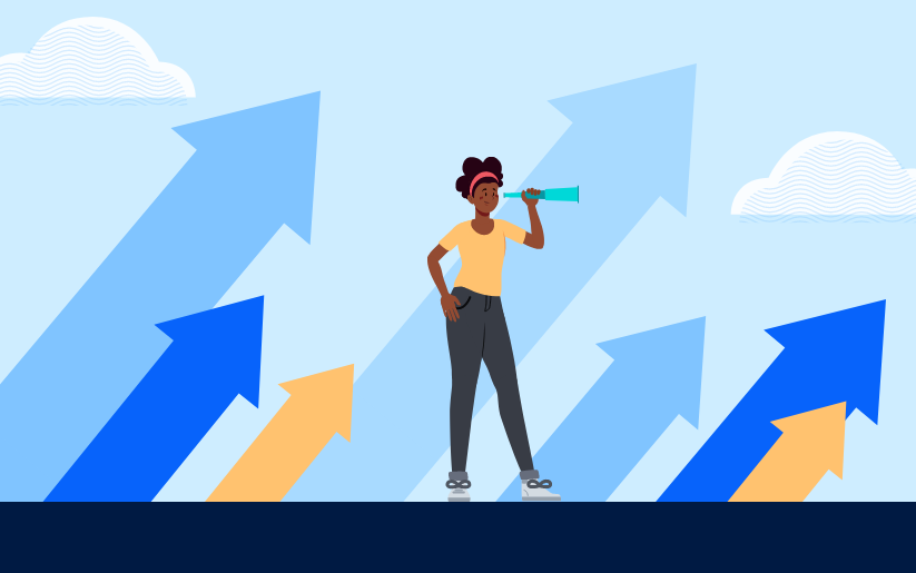 Graphic of a woman holding her phone with a background of arrows pointing upwards.