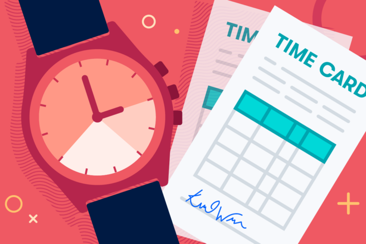 Graphic of a watch next to time cards.