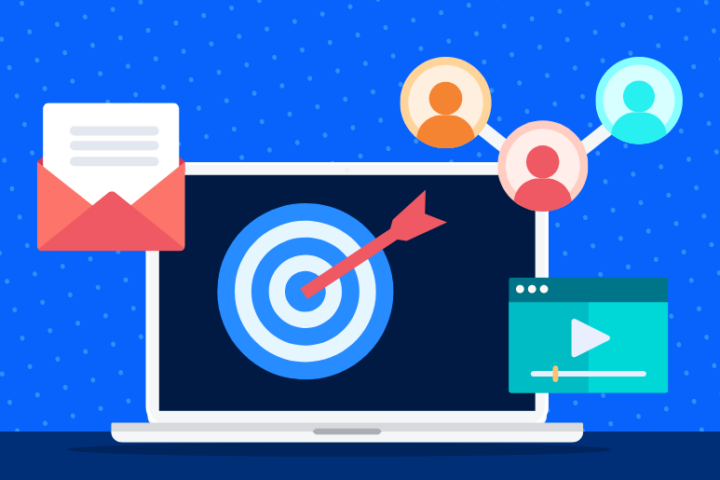 Graphic showing open laptop with icons signaling digital marketing strategies
