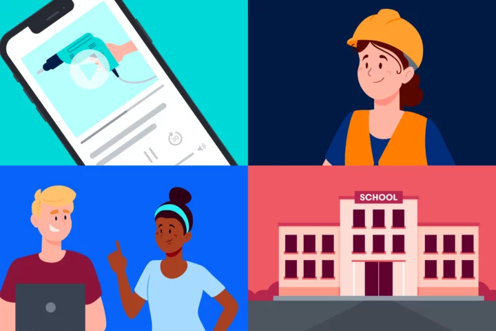 Illustration showing four different ways construction teams can celebrate Women in Construction Week.