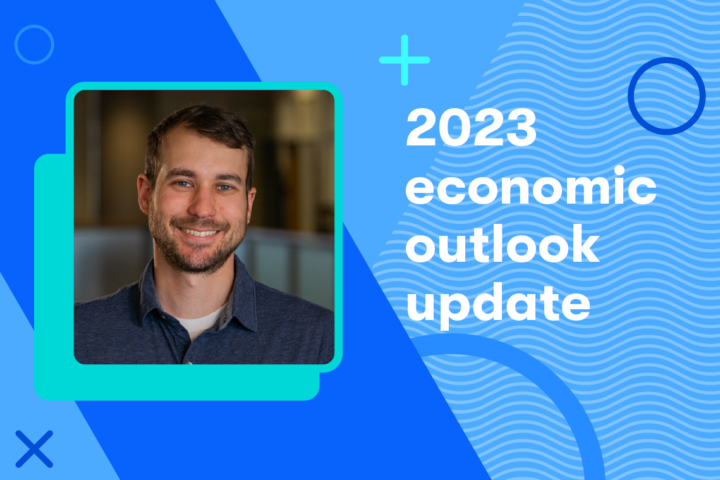 Mathieu Dubeau headshot with text that reads "2023 economic outlook update."
