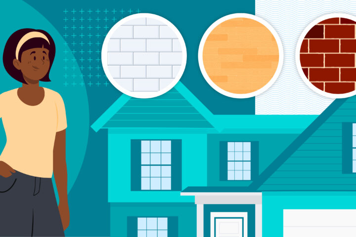 Graphic of woman choosing between different materials for her new home build.
