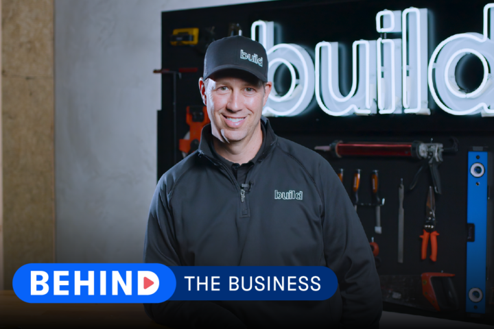 Matt Risinger of Risinger Build speaks to camera with text overlay that reads "Behind the Business."
