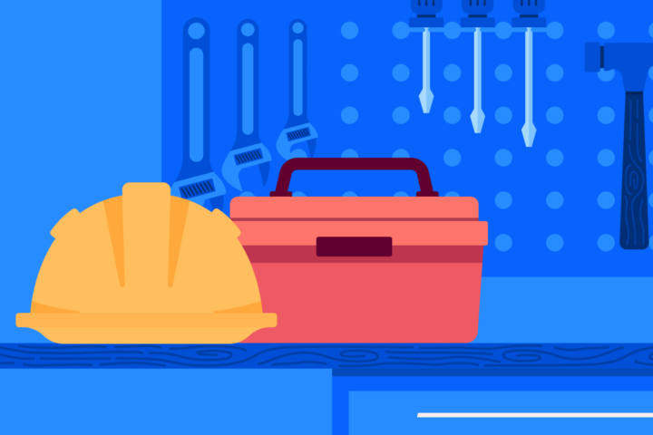Graphic with yellow hard hat and red toolbox.