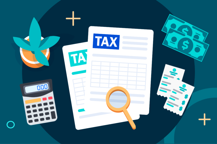 Graphic showing two tax forms on a desk with a calculator, plant and receipts.