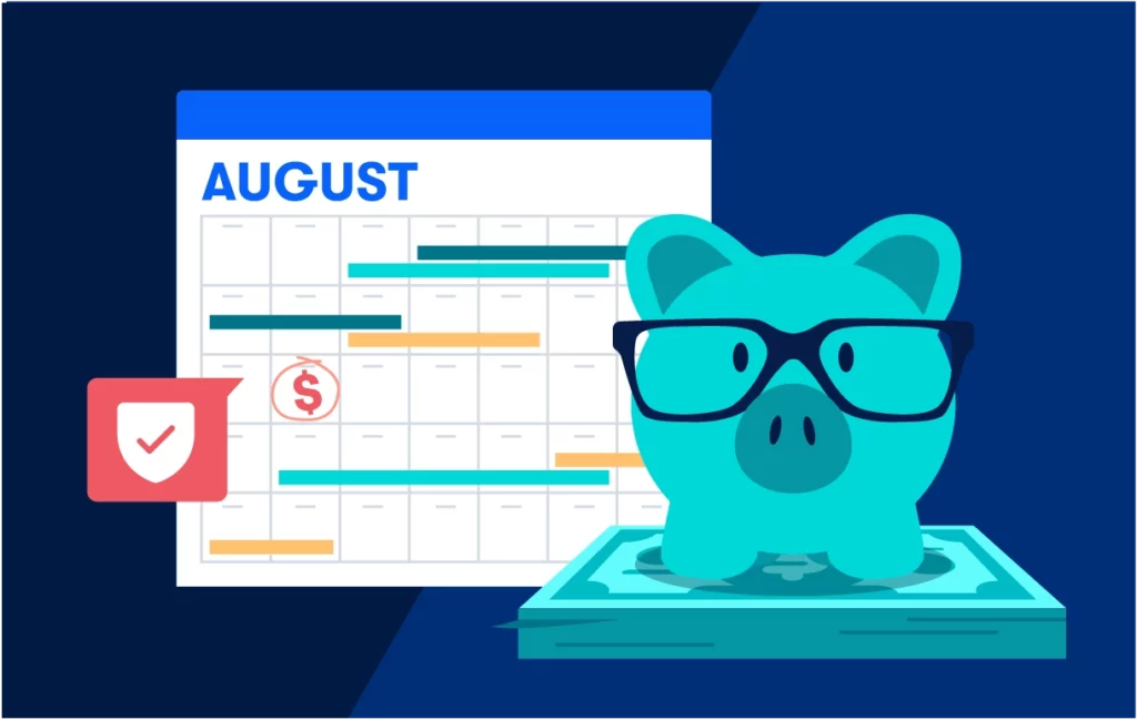 Piggy bank with glasses in front of calendar graphic