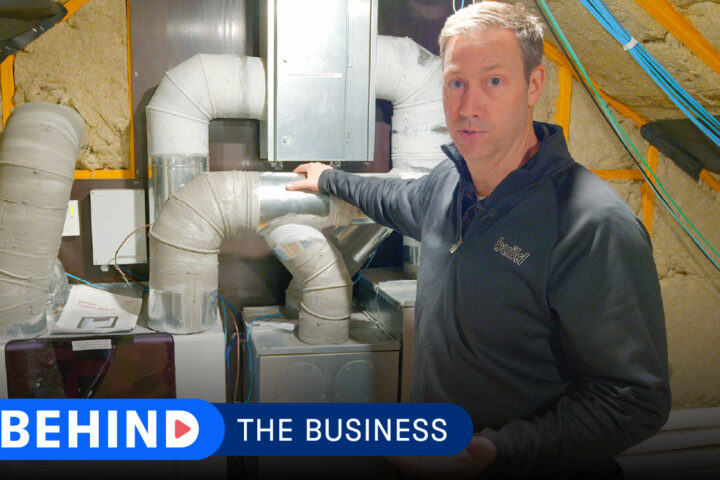 Risinger builder talking to the camera and Behind the Business logo at the bottom.