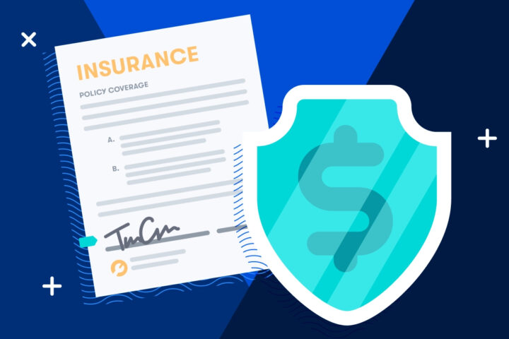 Graphic with risk insurance document and shield with a dollar sign on it.