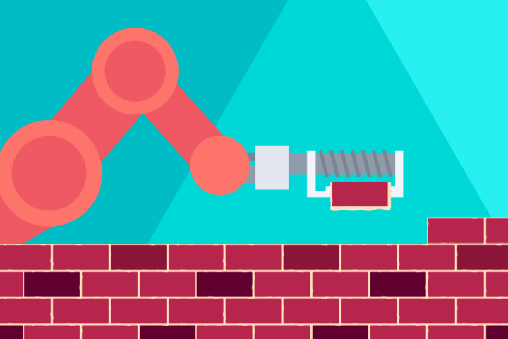 Graphic construction AI showing a robot arm laying bricks.
