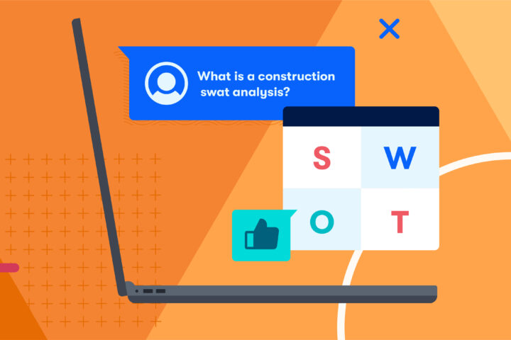 Graphic with laptop opened and chart with SWOT analysis.