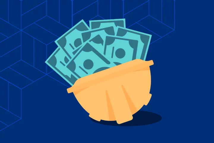 A graphic of a hard hat filled with dollar bills to illustrate how to become a profitable construction company.