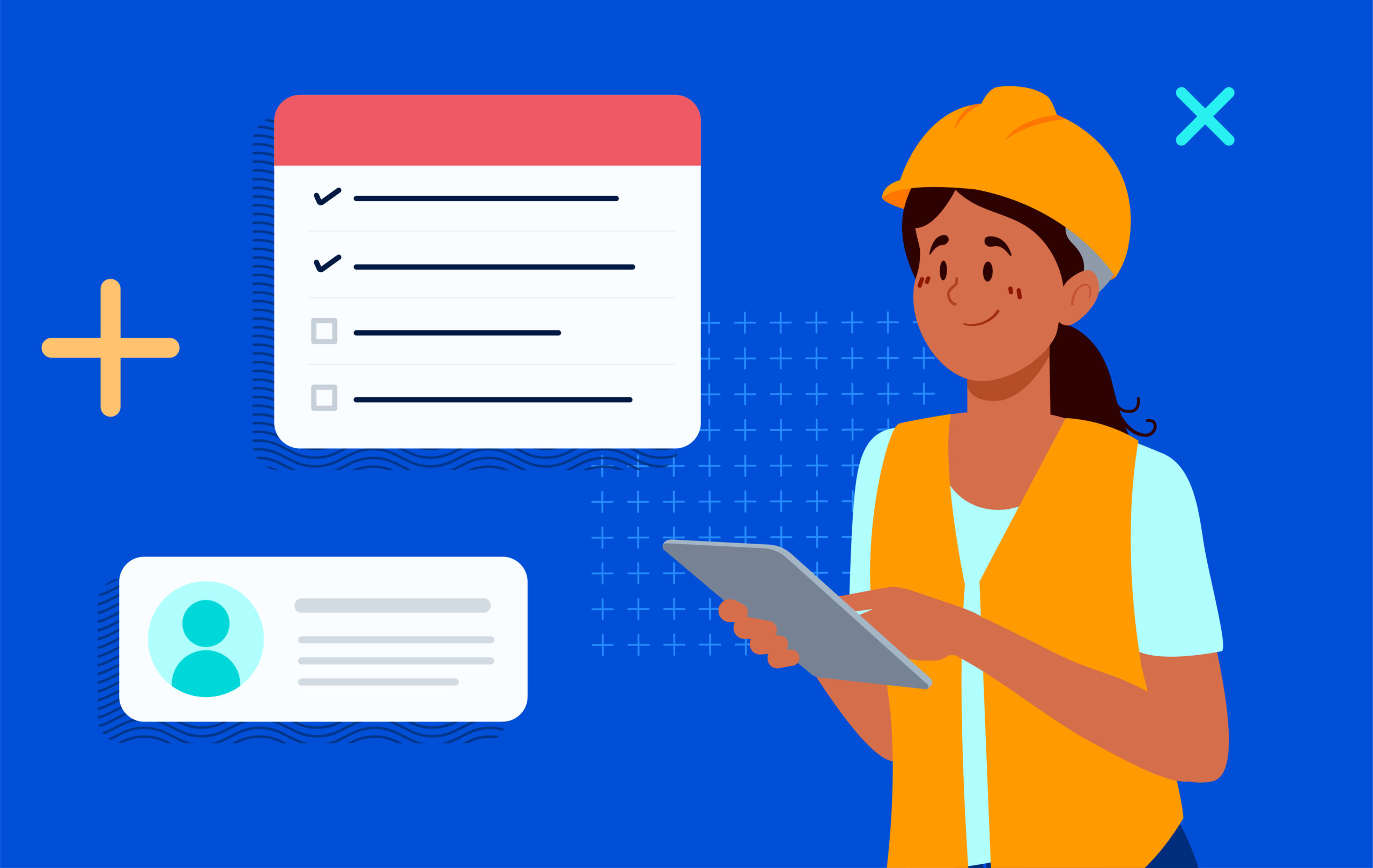 A graphic of a construction crew member holding a tablet next to two screens of text.