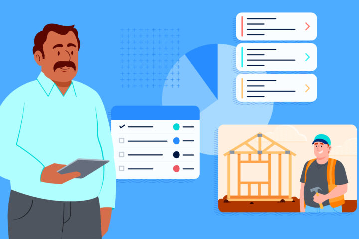 Graphic with man holding tablet with checklists surrounding him and a subcontractor in the corner.