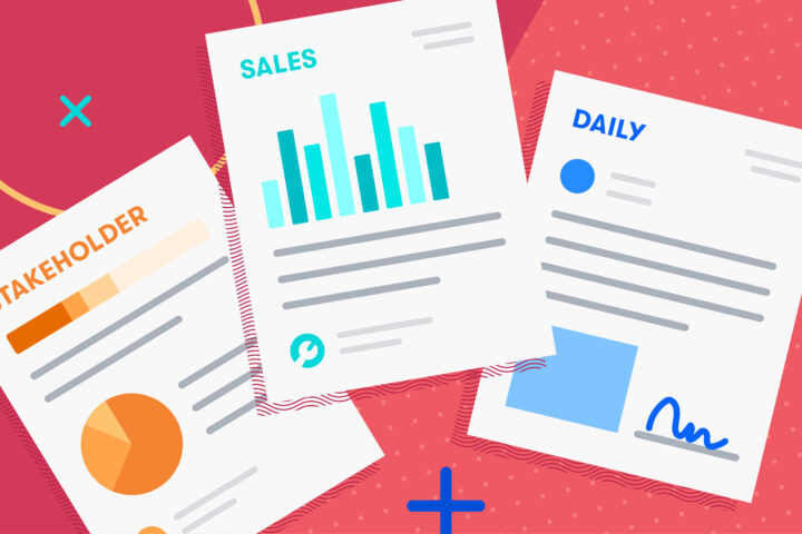 Graphic with three examples of construction reports: Stakeholder, Sales and Daily reports.