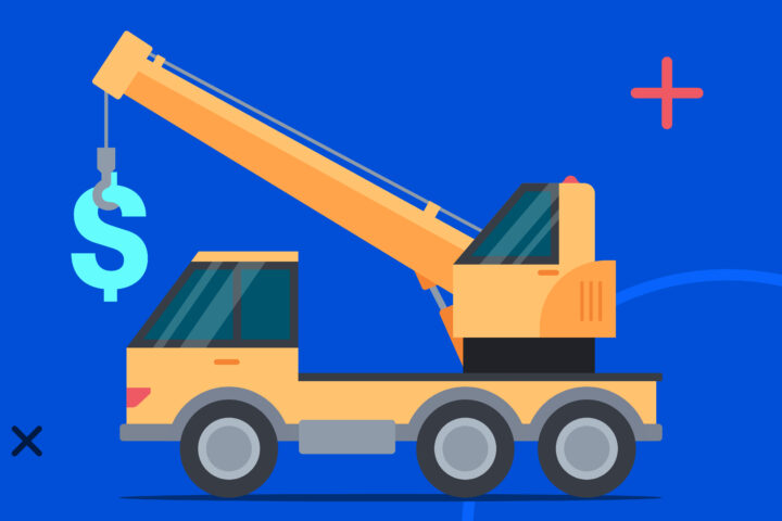 Graphic with crane equipment lifting a dollar sign.