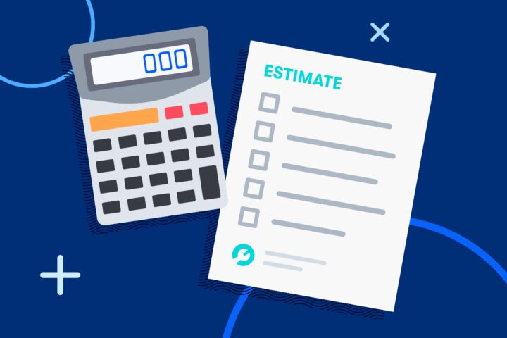 Graphic with calculator and construction estimate sheet.