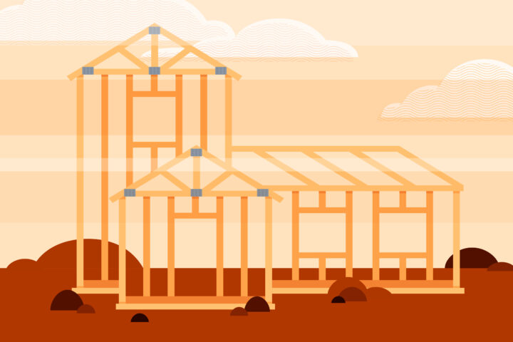 Graphic of a frame of a house with toxic air around it.