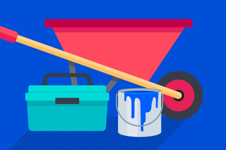 Graphic with tools for a whole home remodel – wheelbarrow, toolbox and can of paint.
