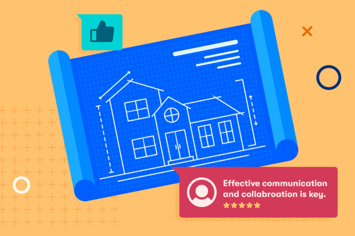 Graphic of project blueprint and a message bubble stating what architects want general contractors to know.