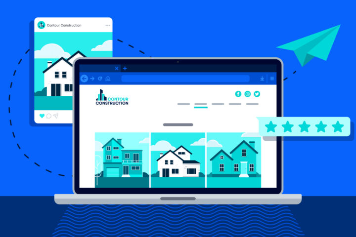 Graphic of a computer and phone screen showing a construction company's website..