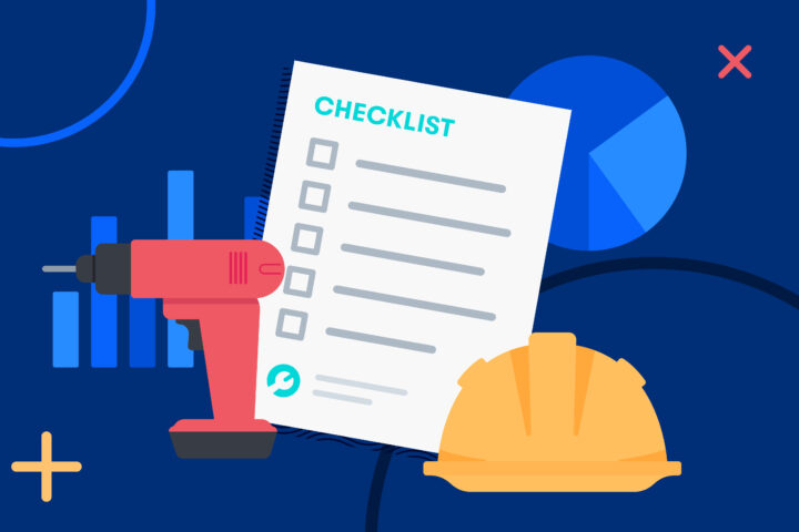 Graphic of construction tools, a checklist and hard hat to illustrate how to manage construction business SOPs.