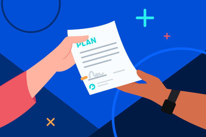 Graphic of handing over a plan from one hand to another.