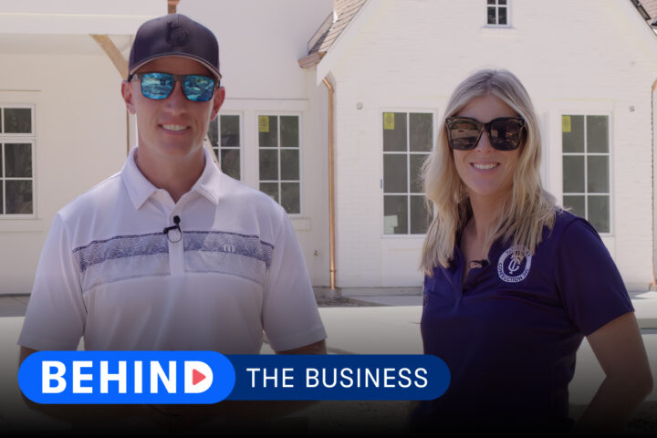 Heather and Steve Tankersley, owners of a leading home building company in California, together in a photo with text that reads "Behind the Business".