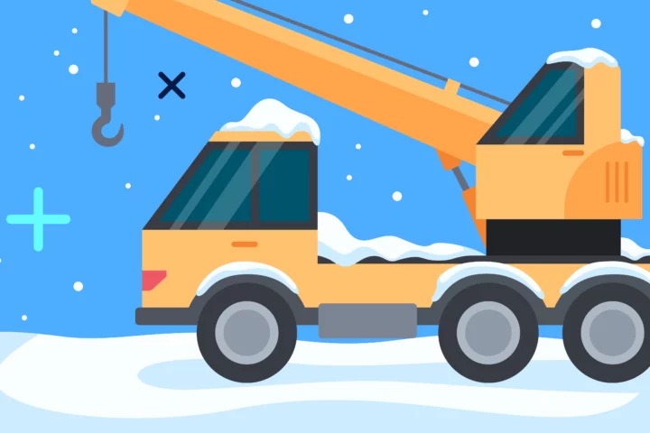 Graphic of a construction crane against a blue backdrop filled with falling snowflakes.