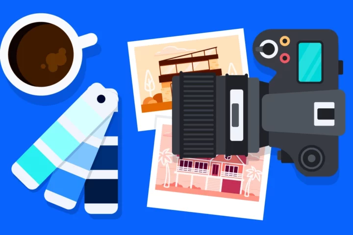 A illustrated graphic with coffee cup, paint swatches, photos and a camera